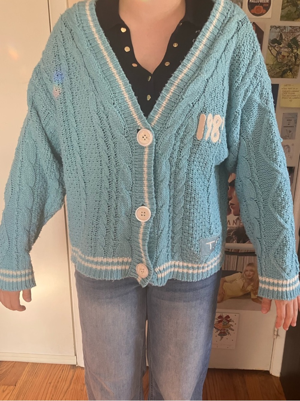 Taylor Swift 1989 Baby Blue Cable Knit Cardigan with White Trim
